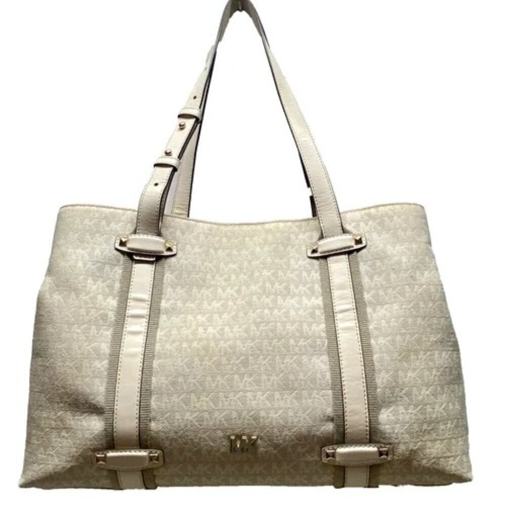 Michael Kors Griffin Large Logo‎ Tote Natural Jacqard Canvas Leather Trim GUC